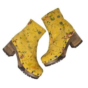GRUNBEIN Bella Clog Boots 39 Yellow Floral Suede Handmade Sustainable Bohemian